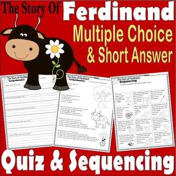 Preview of The Story of Ferdinand Bull Reading Comprehension Quiz Tests & Story Sequencing