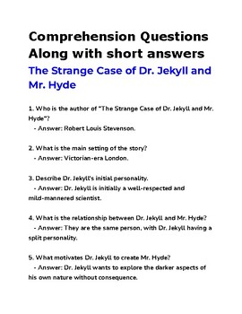 Preview of The Strange Case of Dr. Jekyll and Mr. Hyde Comprehension Questions along with a