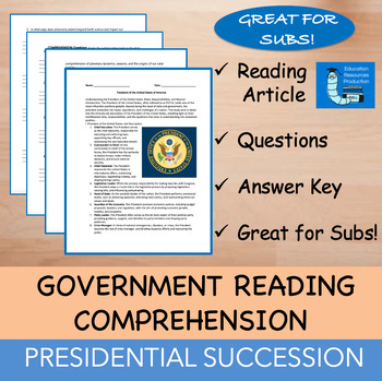 Preview of The Succession of the President - Reading Comprehension Passage & Questions