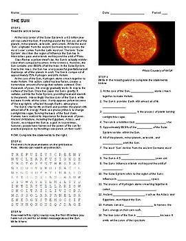 Preview of The Sun- Article, Questions, Wordsearch, and Hidden Message!