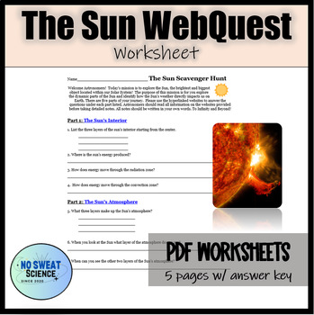 Preview of The Sun: Features, Layers and Atmosphere WebQuest Astronomy Worksheet Activity