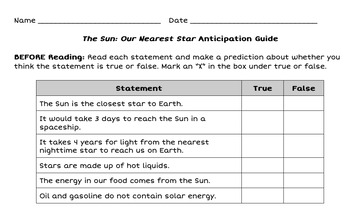 Preview of The Sun: Our Nearest Star by Franklyn Branley Anticipation Guide & Game Bundle