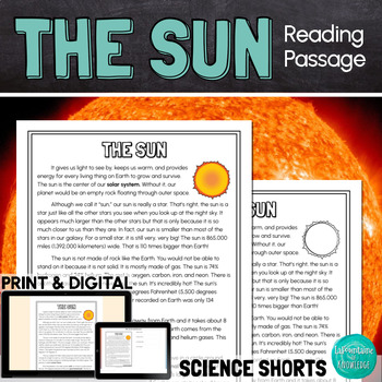 Preview of The Sun Reading Comprehension Passage PRINT and DIGITAL