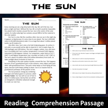 Preview of The Sun Reading Comprehension Passage and Questions - PDF