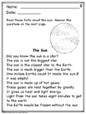 The Sun Reading Comprehension for 1st Grade