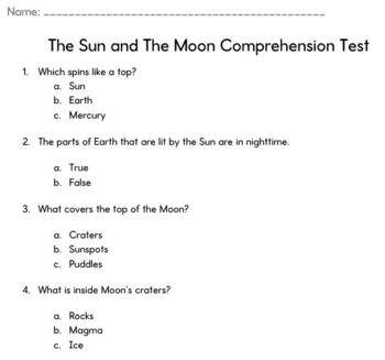 Preview of The Sun and The Moon Comprehension Test