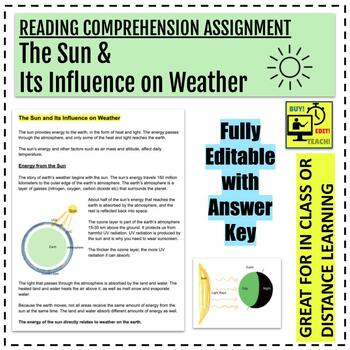 Preview of The Sun and its Influence on Weather Reading Assignment (Fully Editable/Answers)