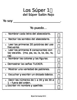 Preview of The Super 10 List for Kindergarten - Tri 1 (Dual Immersion - Spanish Immersion)