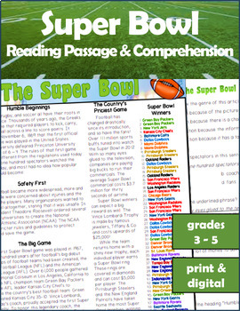 The Super Bowl Reading Passage & Questions - Printable & Distance Learning