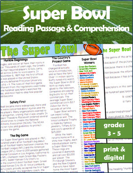 Preview of The Super Bowl Reading Comprehension Passage and Questions