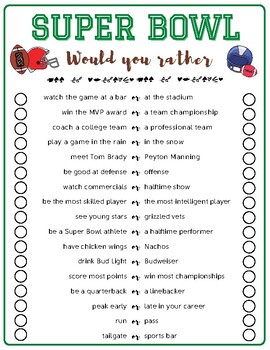 Free Printable Super Bowl Would you Rather? Game