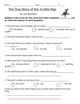 The TRUE Story of the 3 Little Pigs comprehension and skills test