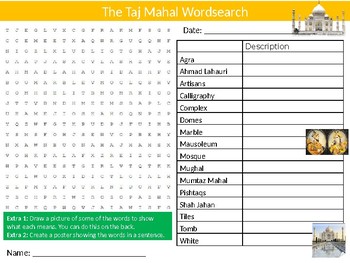The Taj Mahal Wordsearch Puzzle Sheet India Famous Building by MIK
