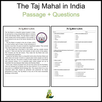 The Taj Mahal in India Reading Comprehension and Word Search TPT
