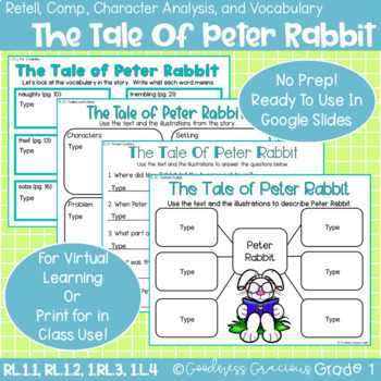Preview of The Tale of Peter Rabbit Retell, Comp., Character Analysis, and Vocabulary