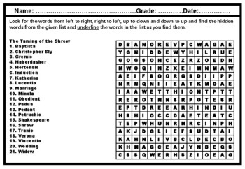 The Taming of the Shrew Word Search Worksheet Shakespeare by Nitin Sharma