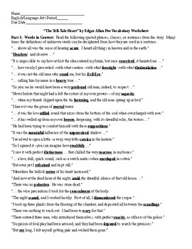 The Tell Tale Heart By Edgar Allan Poe Vocabulary Worksheet And Key