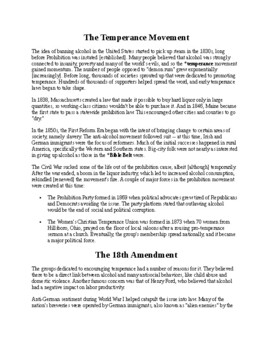 Preview of The Temperance Movement & Prohibition (18th Amendment)