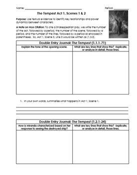 Preview of The Tempest Worksheets with Double-Entry Journals and Guiding Questions