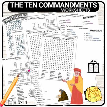 Preview of The Ten Commandments Worksheets Crossword-Word Scramble-Word Search Quiz