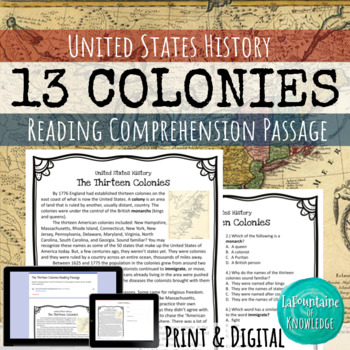 Preview of The Thirteen Colonies Reading Comprehension Passage PRINT and DIGITAL