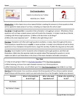 Preview of The Three Questions - Opening Week Read Aloud / Classroom Expectations Activity