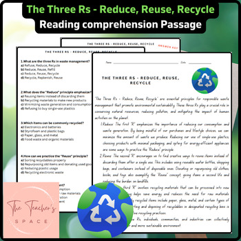 Preview of The Three Rs - Reduce, Reuse, Recycle Reading Comprehension Passage