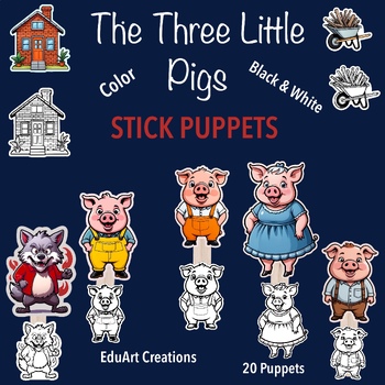 Preview of The Three little pigs TEACHER STICK PUPPETS story telling, 20 puppets
