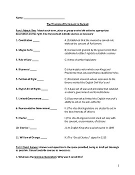 Preview of The Triumph of Parliament in England (Match 'Em & Short Answer Worksheet)