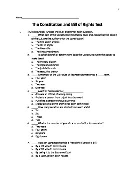 Preview of The US Constitution and Bill of Rights Test and Study Guide