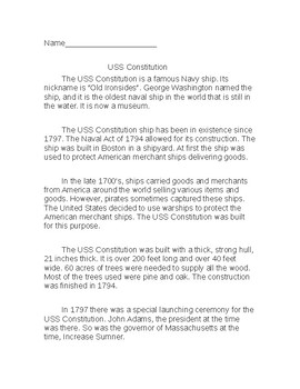 Preview of The USS Constitution Nonfiction Reading and Questions