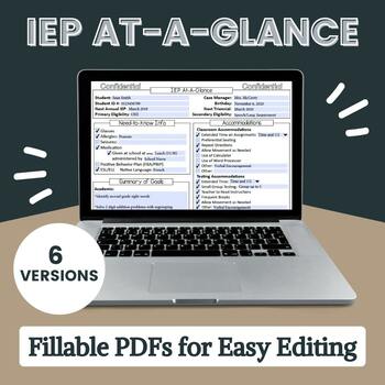 Preview of The Ultimate Fillable IEP At-A-Glance AKA IEP Snapshot Now with 6 Versions!