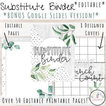 Preview of EDITABLE Substitute Binder with Google Slides Version | Rustic and Eucalyptus