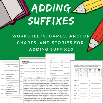 Preview of Adding Suffixes Games, Anchor Charts, Worksheets, & Stories NO PREP + Digital!