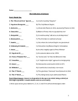 Preview of The Unification of Germany (Match 'Em & Short Answer Worksheet)