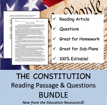 Preview of The United States Constitution Reading Comprehension & Questions BUNDLE