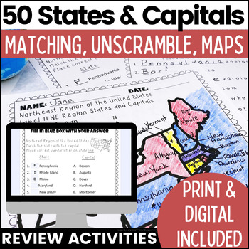 Preview of 50 States and Capitals Worksheets | Print & Digital Resource