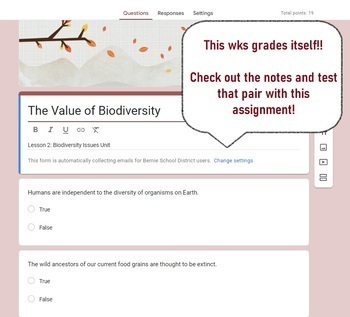 Preview of The Value of Biodiversity: worksheet: Google Form: Environmental Science