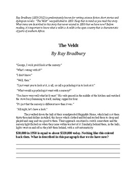 Preview of The Veldt by Bradbury with questions and projects