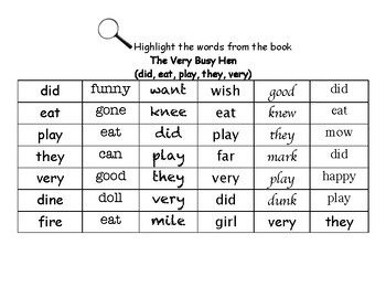 Preview of The Very Busy Hen (Getting Started Lesson 10) - Find the Words Worksheets