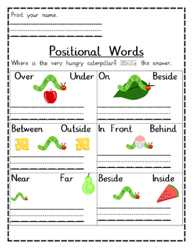 Positional Words Worksheets- The Very Hungry Caterpillar by Lauren
