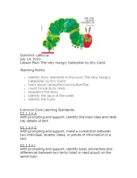 Preview of The Very Hungry Caterpillar Lesson Plan for Autistic Population