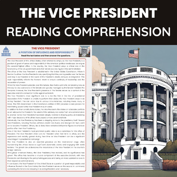 Preview of The Vice President Reading Comprehension | American Government Democracy