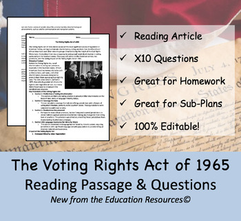 The Voting Rights Act of 1965 - Reading Comprehension Passage & Questions