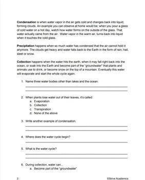 The Water Cycle Reading Comprehension Worksheet by Strive Academics