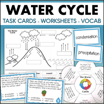 Preview of The Water Cycle Worksheet Task Cards Vocabulary Science Activities w/ Digital