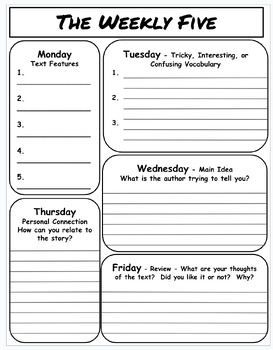 Preview of The Weekly Five - Shared reading worksheet