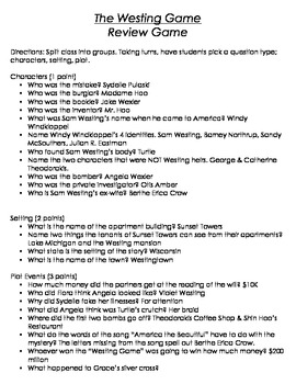 Westing Game Review Worksheets Teachers Pay Teachers