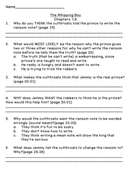 The Whipping Boy--Level O--Guided Reading Comprehension Questions