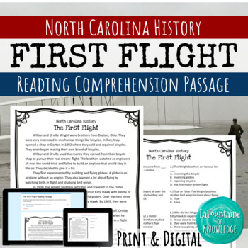 Preview of The Wright Brother's First Flight Reading Comprehension Passage PRINT & DIGITAL
